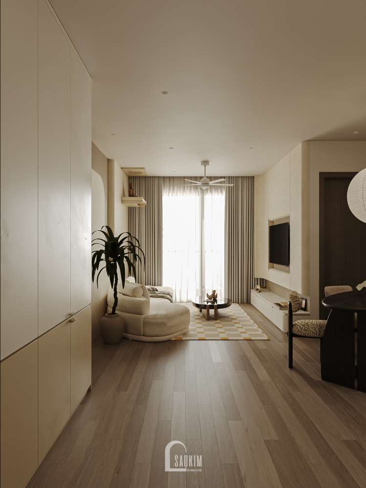 Với thiết kế chung cư 2 ngủ The Beverly, phòng khách được định hình theo phong cách Modern Organic – mộc mạc, tinh tế và giàu cảm xúc.
